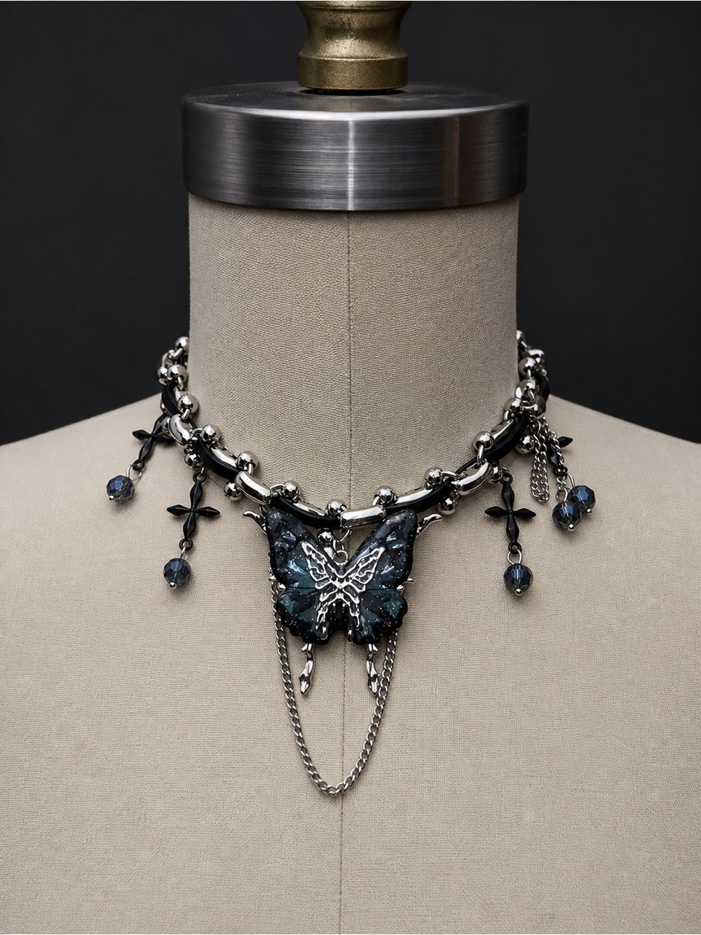 Blue Butterfly Charm Statement Choker Necklace
